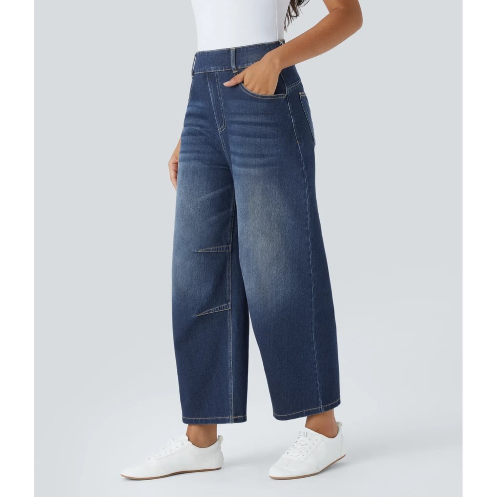 Halara Flex Mid Rise Pockets Barrel Leg Casual Jeans XLarge Regular Whiskered